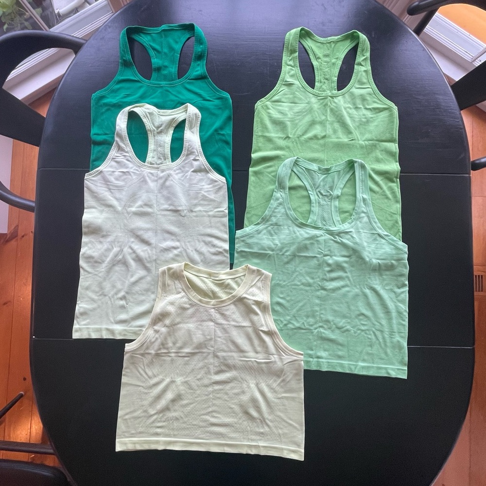 Lululemon Set of Five Tank Tops in Green & Yellow Swiftly